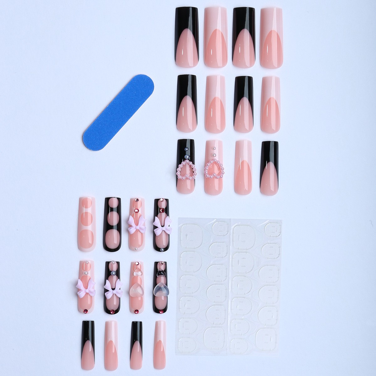 48 Pieces of Black and White French Dot Diamond Bow Pearl Heart Fake Nail Art