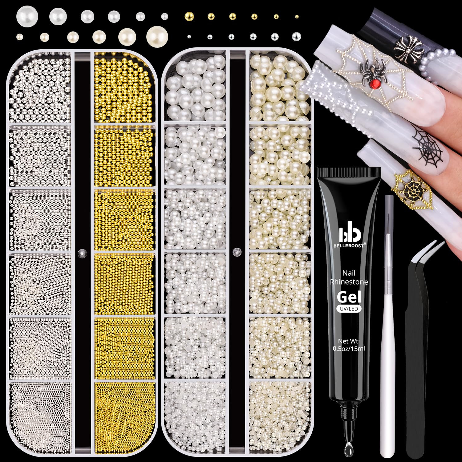 2 Boxes Flatback Pearls (White+Beige) and Silver+Gold Nail Beads for Nail Art wi