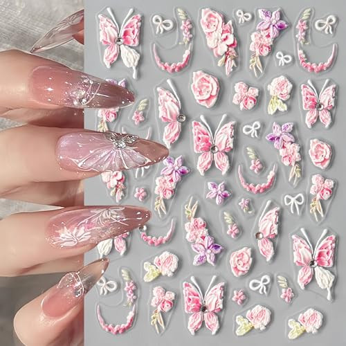 1Pcs Butterfly Nail Art Stickers Decals Pink Butterfly 5D Embossed Nail Decals
