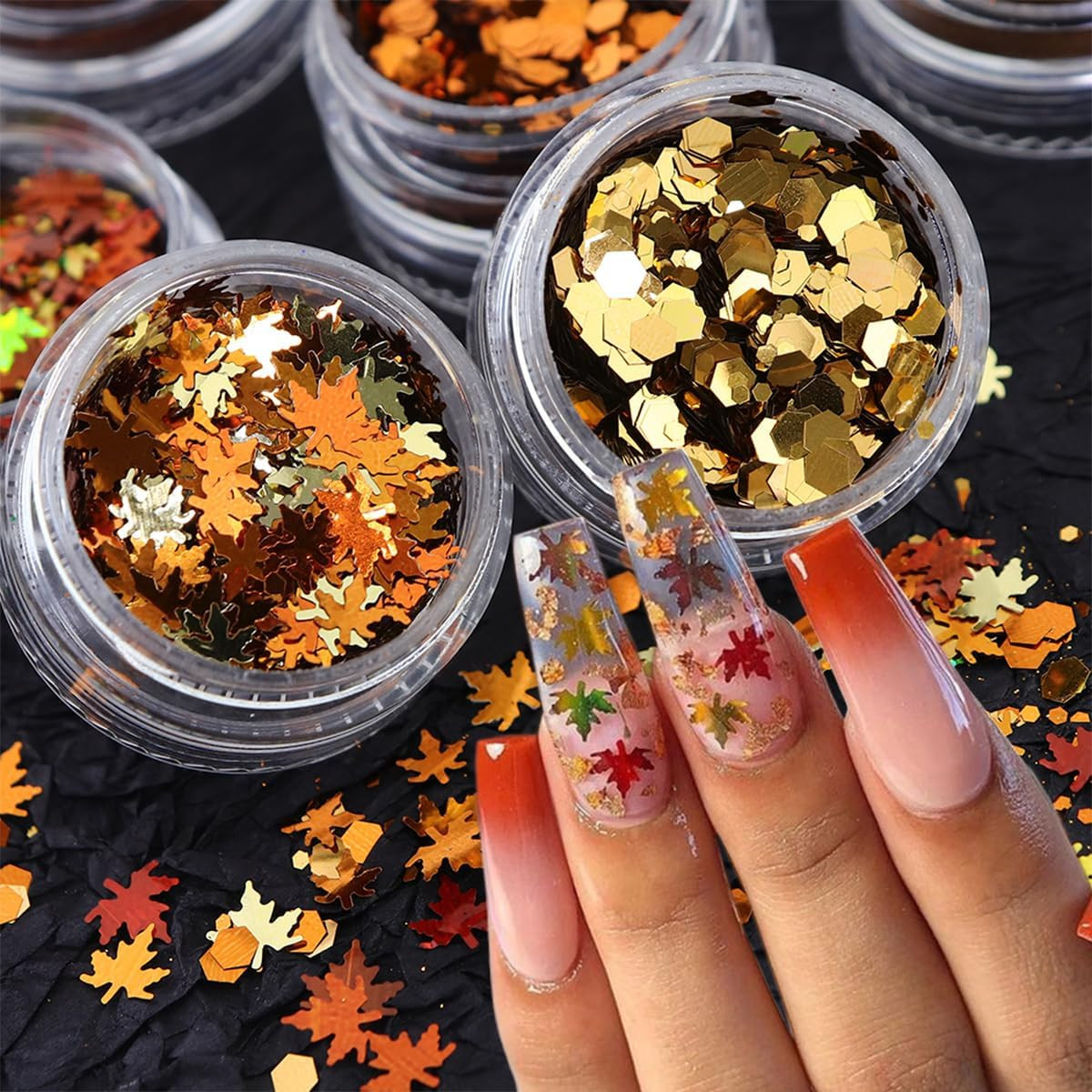 6Boxes Fall Nail Glitters 3D Gold Maple Leaf Nail Art Glitters Autumn Decoration