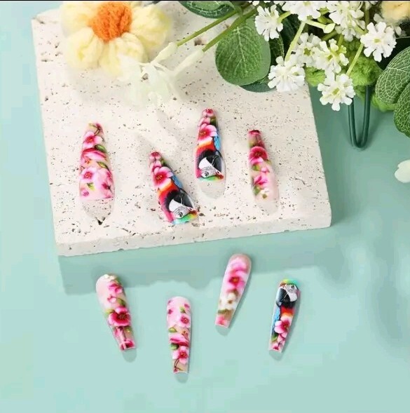Vibrant Parrot & Floral 3D Press-On Nails – Long Coffin Shape, Glossy Finish💗