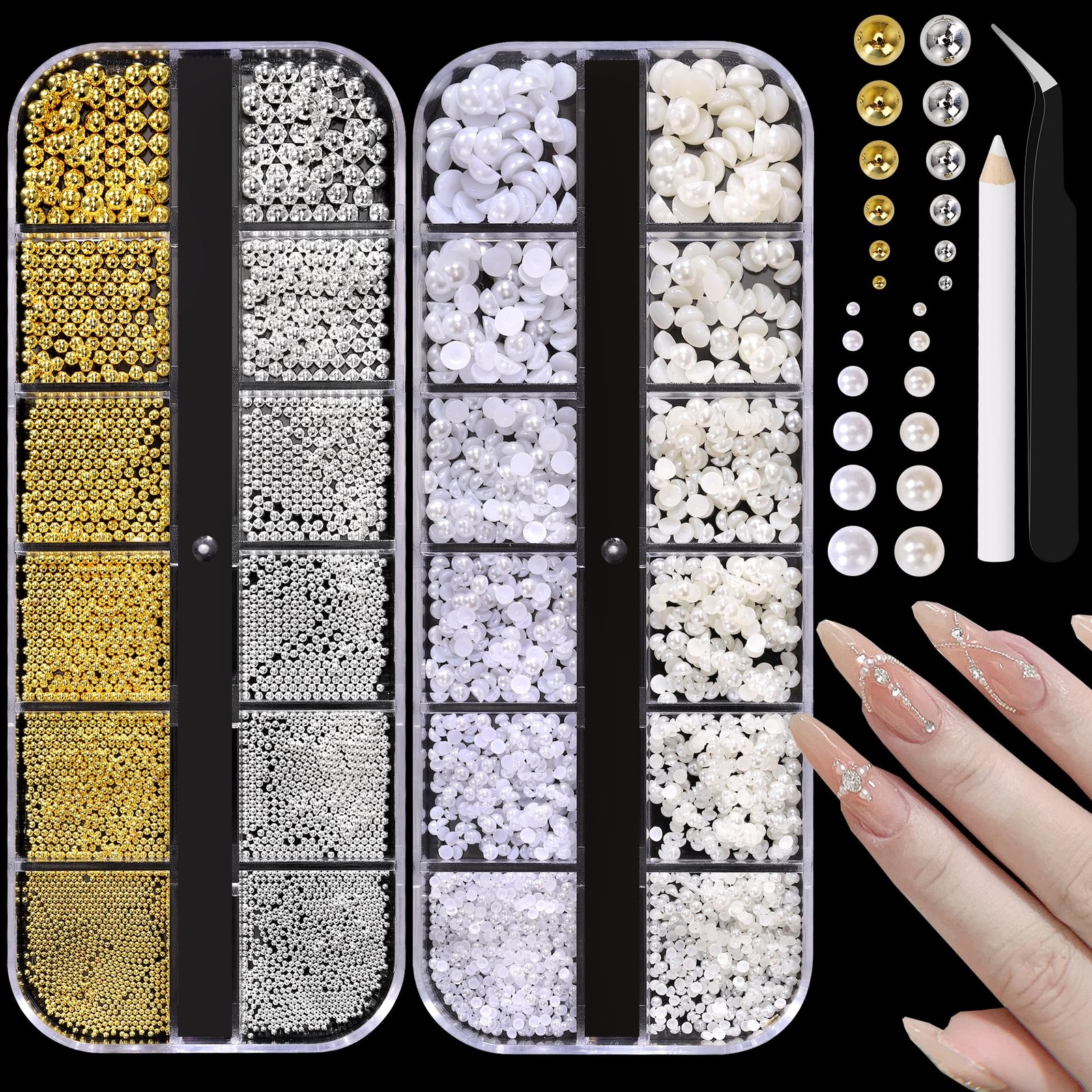 2 Boxes Flatback Pearls (White+Beige) and Silver+Gold Nail Beads for Nail Art…