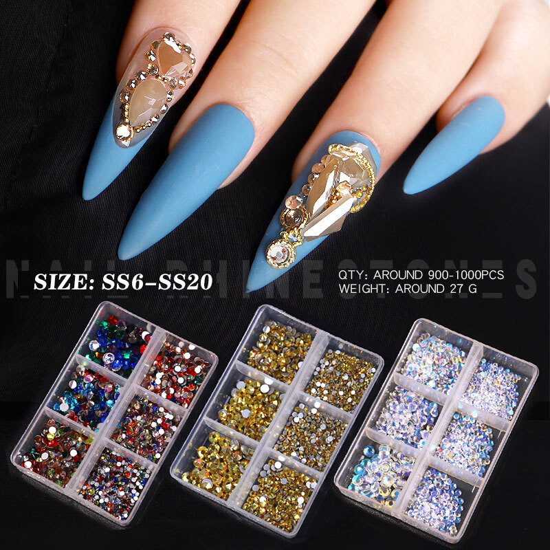 1 Box Mixed Size Glass Nail Art Rhinestones Flatback AB Crystal 3D Gem Manicure
