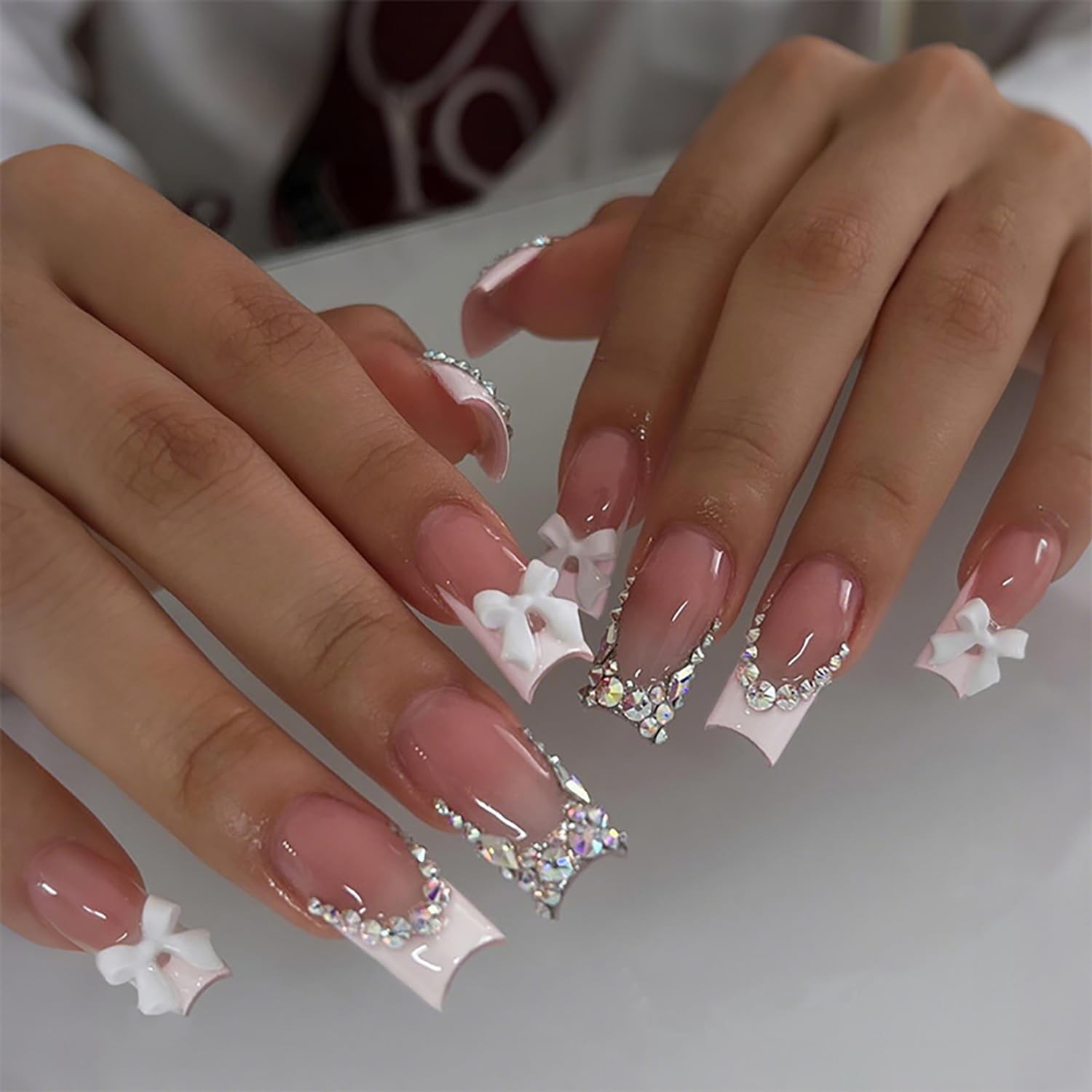 24Pcs White French Tip Press on Nails Long Coffin Fake Nails with 3D Bow Rhin…