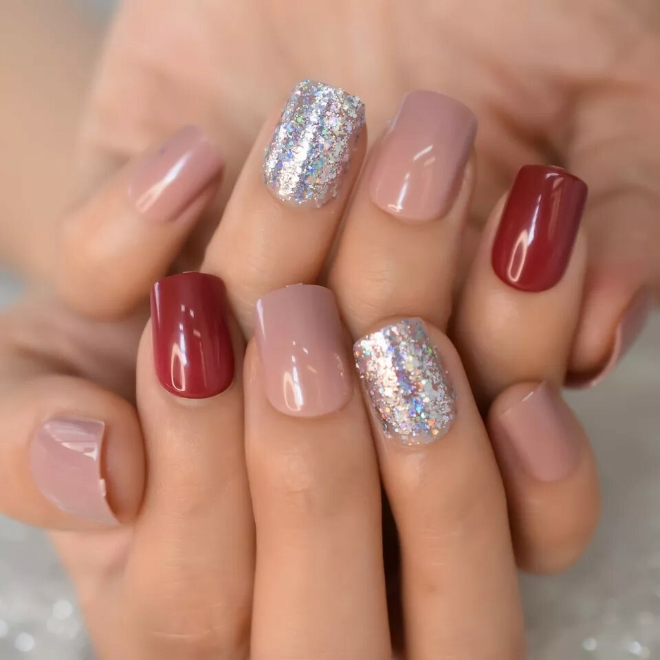 24 Short multi mauve burgundy Glitter Press On Nails w glue silver