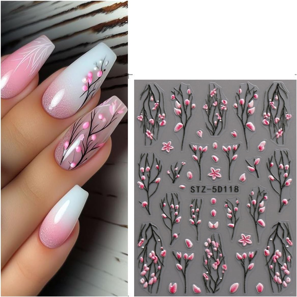 3D Embossed Flower Nail Art Stickers Decals Self-Adhesive 5D Spring Summer Flora