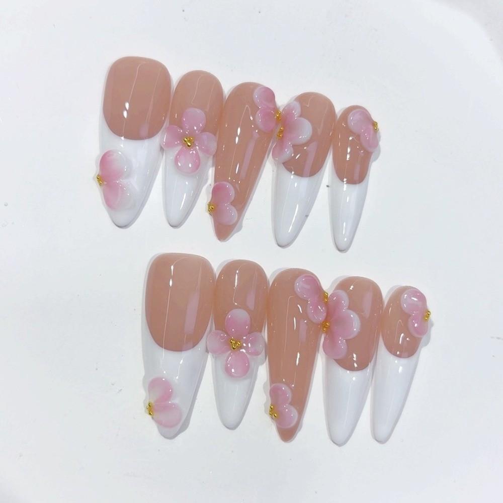 10pcs Nude French Press on Nails 3D Pink Flower Gold Pearl Long Stiletto Tips