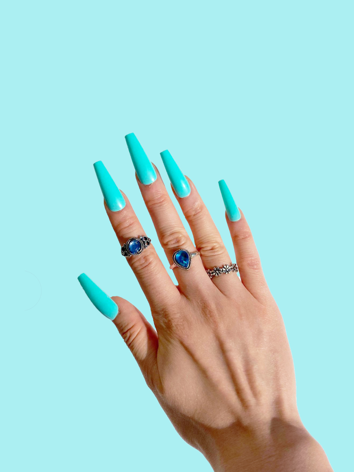 Tiffany Color Long Coffin Press On Nails 20pcs All Sizes with Glue