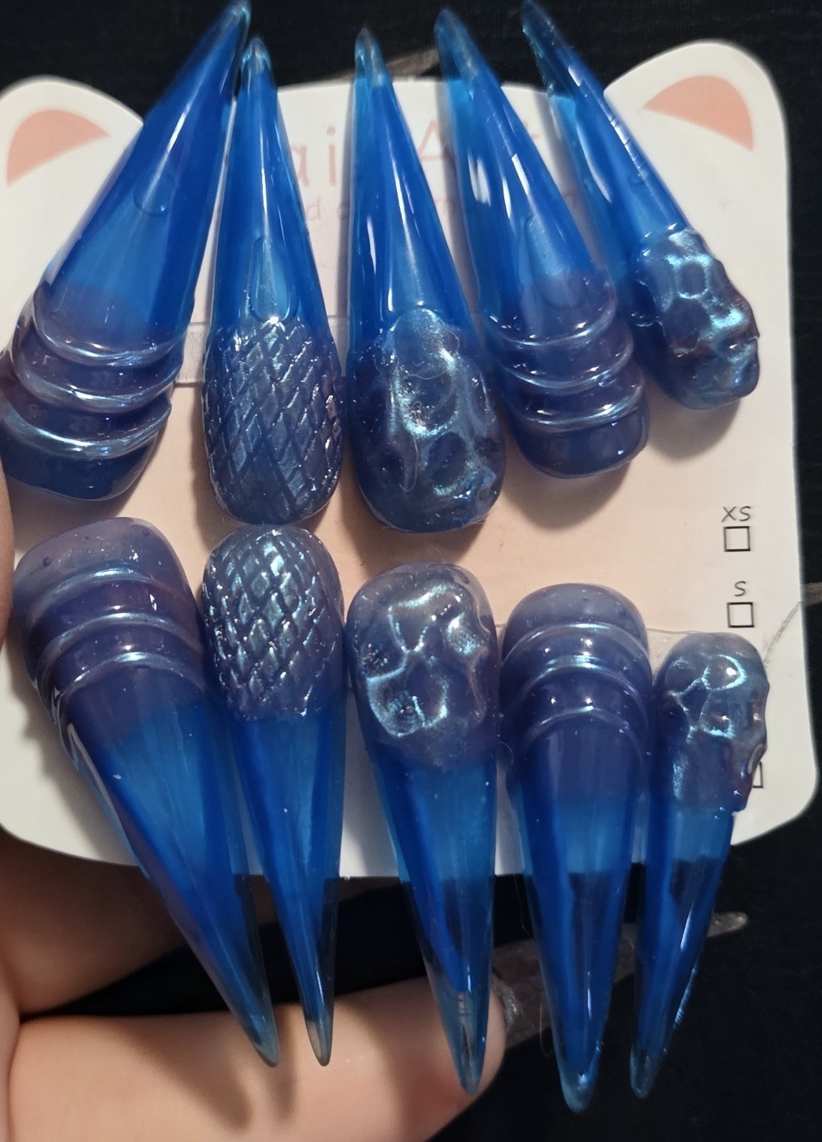 Extra Long Stiletto Press-On Water Aquarium Nails Blue Shiny 3D Abstract Claws-M