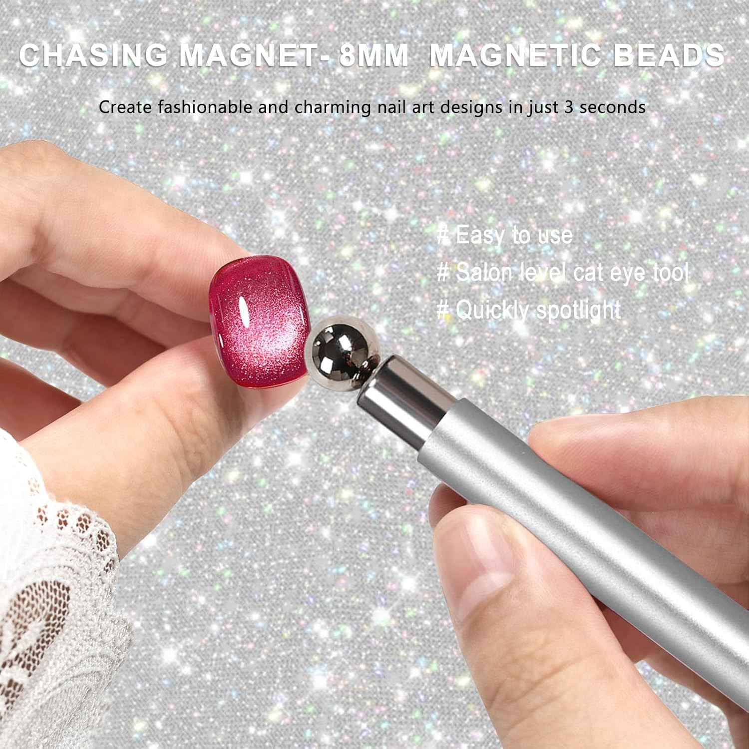 1Pcs Silver Cat Eye Magnet for Nails, Cat Eye round Nail Magnetic Beads, Double