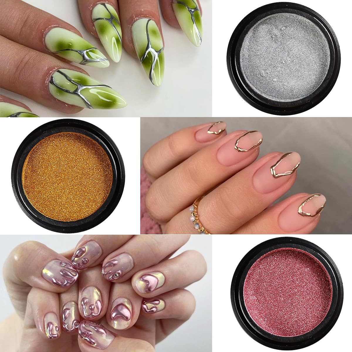 Chrome Nail Powder Set 14 Colors Pink Blue Silver Metallic Effect Mirror Powder