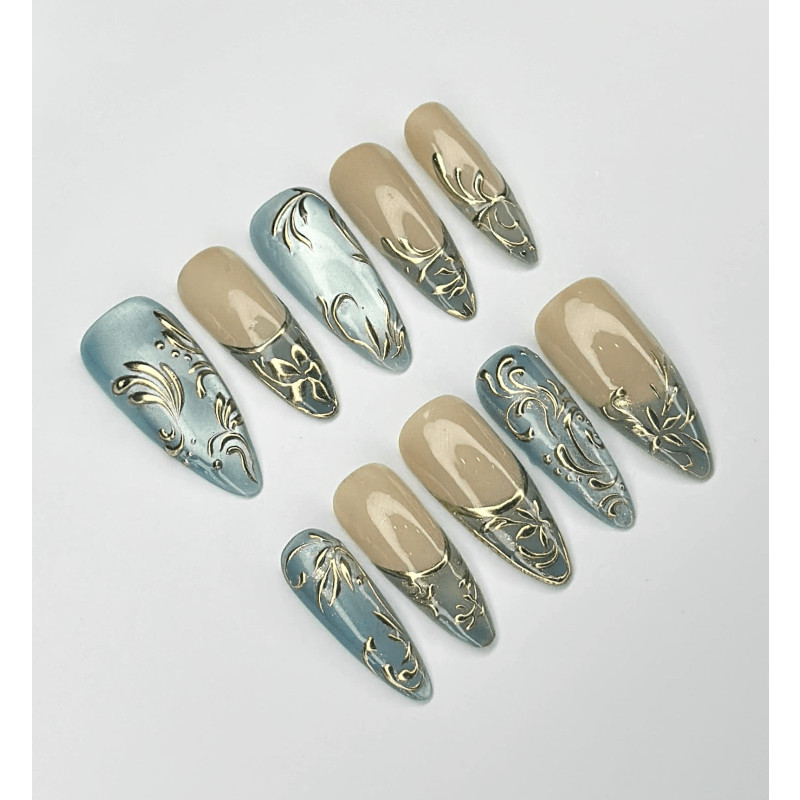 Ice Blue Metal Handmade Press on Nails Vine Gold Line French Minimal Fake Nails