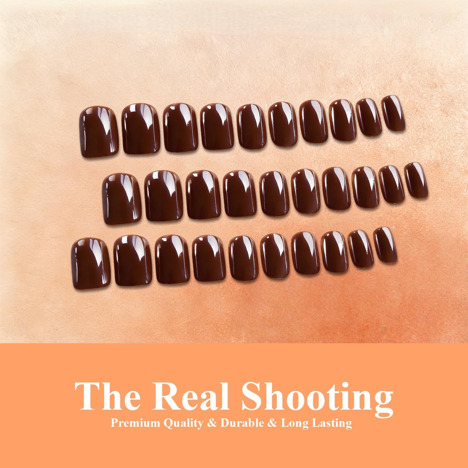 SXVME Short Square Brown Glazed Mirror Press on Nails 30 Pcs