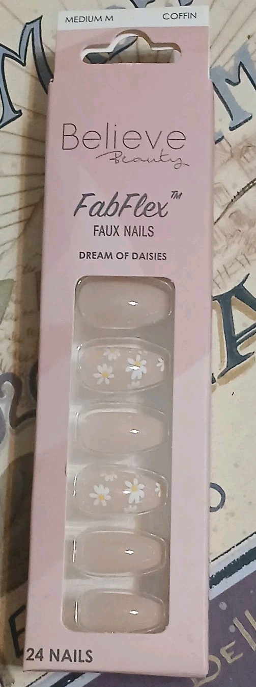 Believe Beauty Nails 24 Fab Flex Long Coffin Dream Of Daisies Pink Cruelty Free