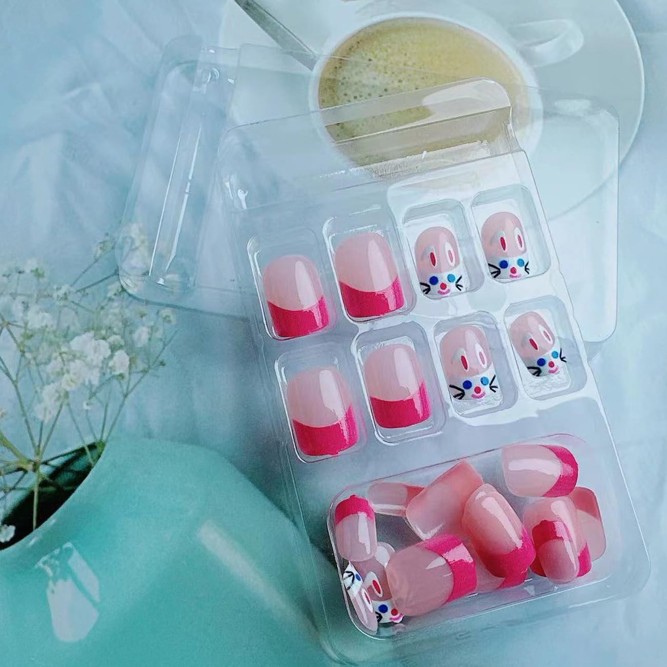 Easter Press on Nails Short Pink French Fake Nails Cute Rabbit Design Square …