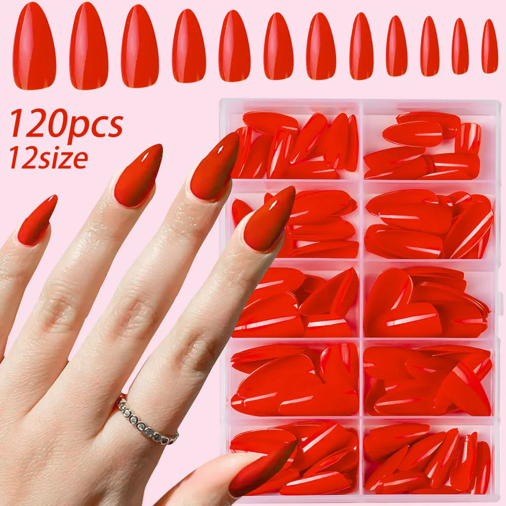 120Pcs Short Almond Press On Nails Cherry Red Milky White Fake Nails