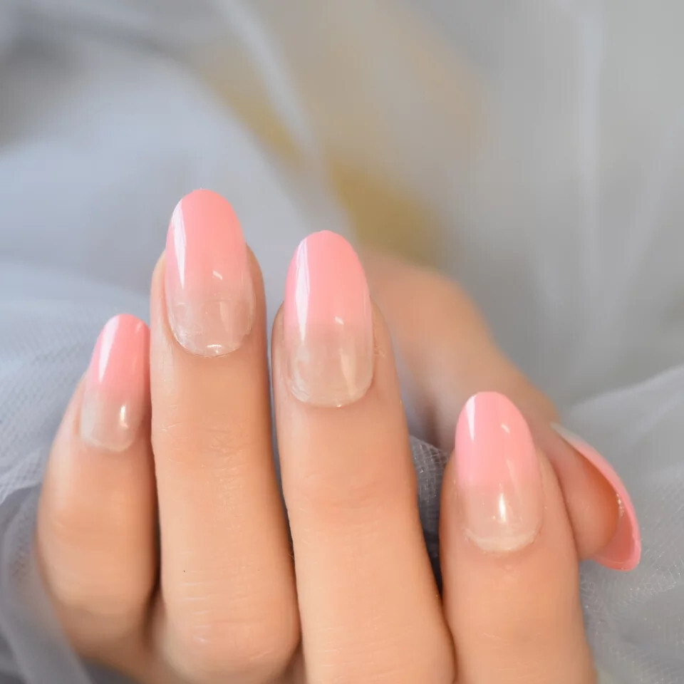 24 Medium Press on Nails kit glue on almond pink ombre nude pale