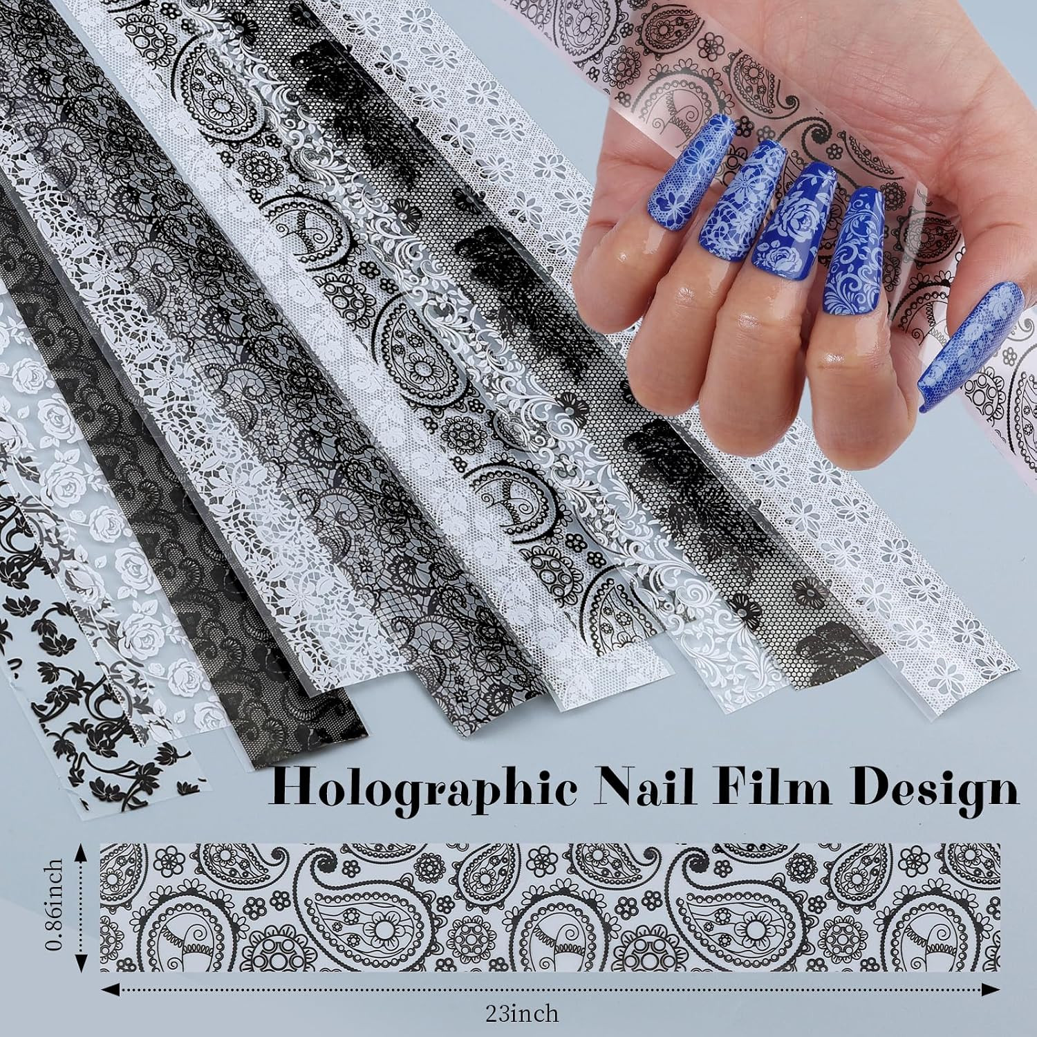 Lace Nail Foil Transfer Sheets, 10 Rolls Black White Flower Nail Art Transfer Fo