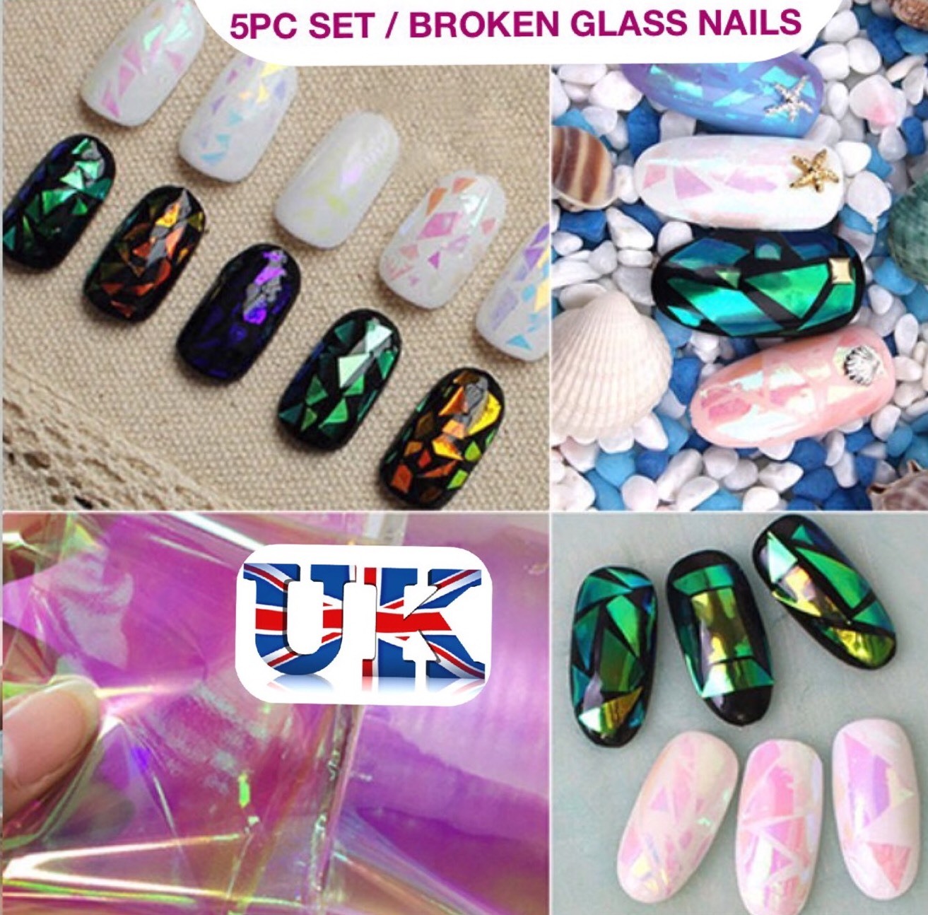 Nail Wraps Foil Broken Glass 5pieces Set Shattered Mirror Aurora Effect Mermaid