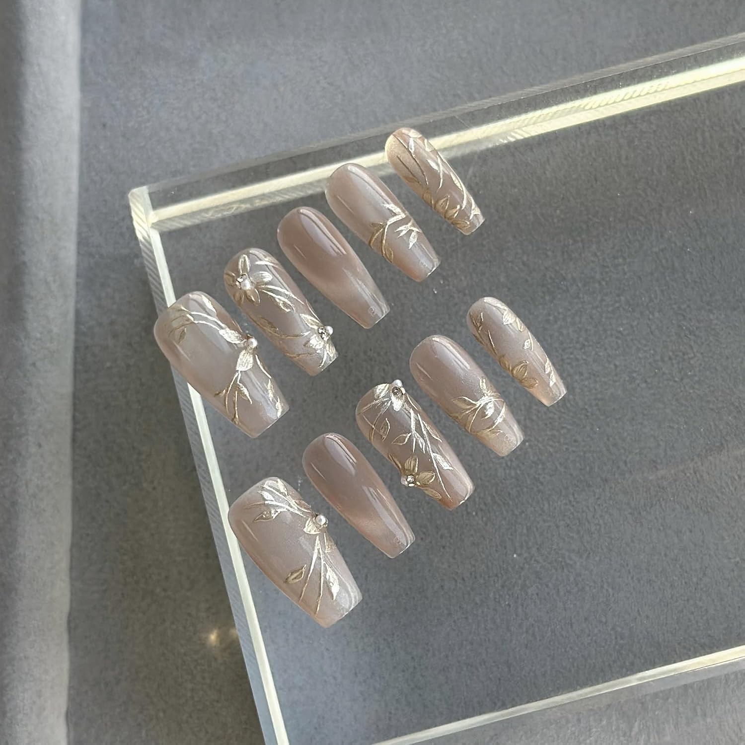 GLORS Nude Long Ballerina Press-On Nails, Gold Floral & Pearls, 10 Pcs