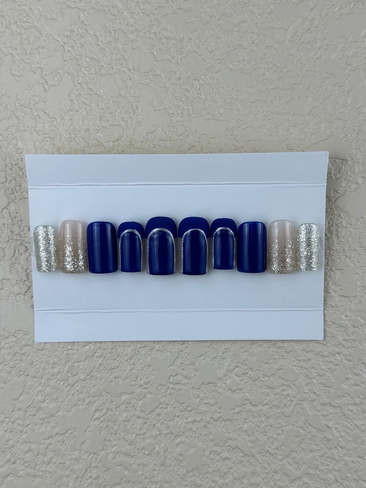Blue & Gold Press On Nails, 10 Piece Full Set W/ Installation Kit