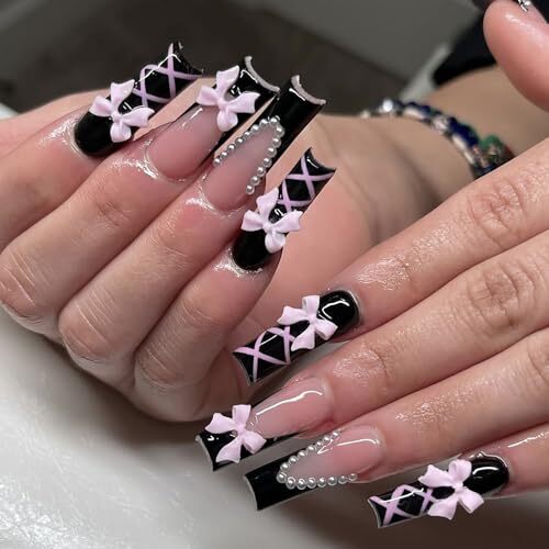 Press on Nails Coffin Long Black Glossy Full Cover Black and Pink Bow Line