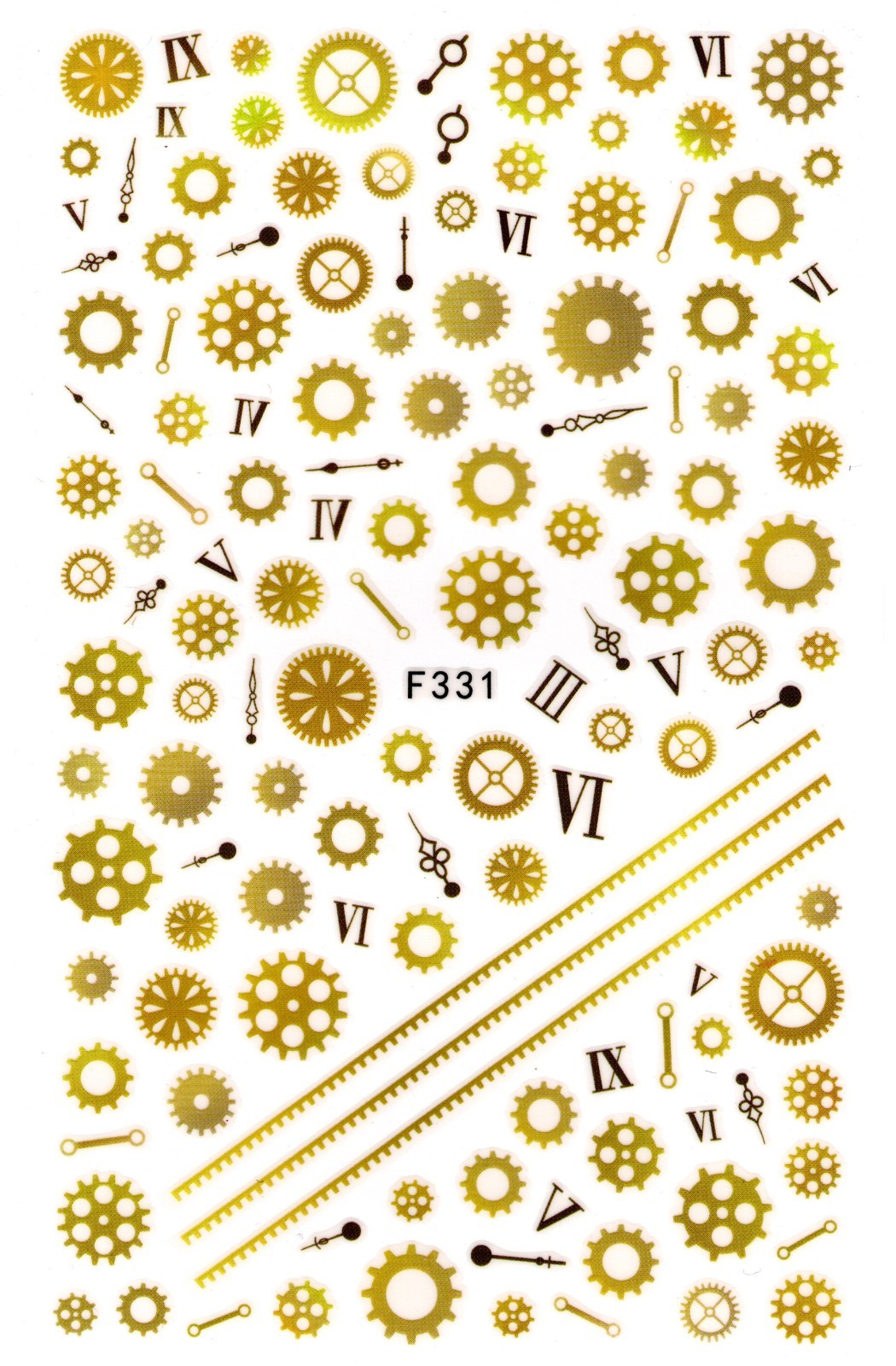 Nail Art 3D Decal Stickers beautiful gold gears clock hands Roman numerals F331