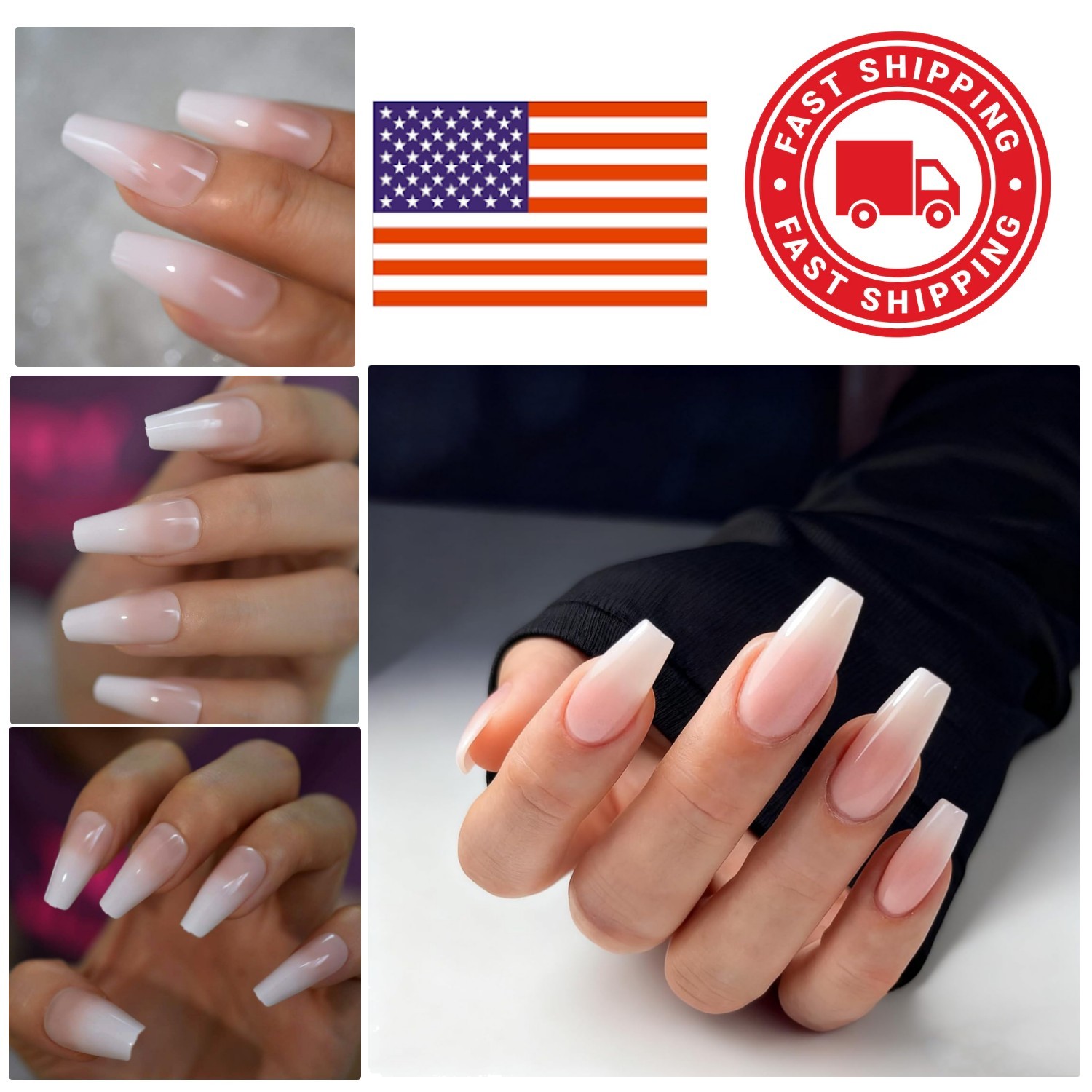 Reusable False Nails Ombre Pink White Gradient Coffin Shape for Easy Application