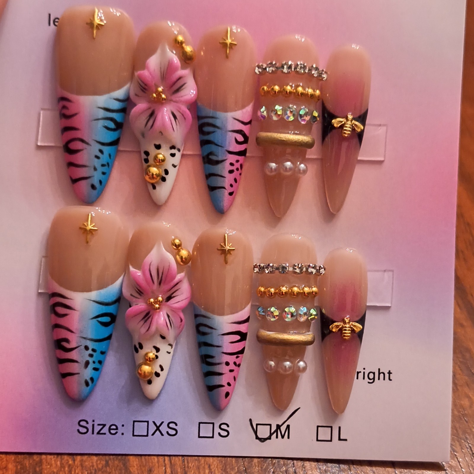 Press-On Nails Medium Stiletto Multicolor 3D Flowers Rhinestone Pearl