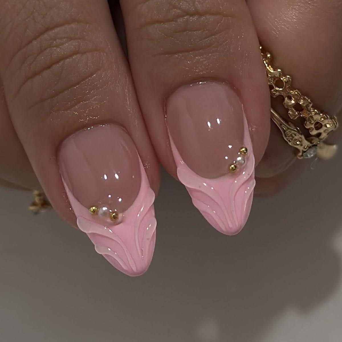 Yefiuo Medium Almond Press on Nails Flower Acrylic Fake Nails Press Ons Pink Fre