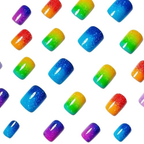24Pcs Glitter Press on Nails Short Square Fake Nails colorful fake nails-13