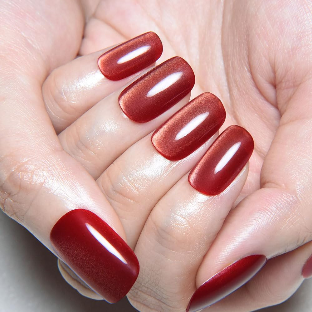 Red Cat Eye Press on Nails Medium Square, Medium Square Press Stick on Nails Chr