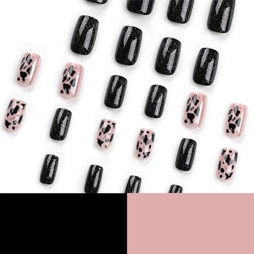 Black Press on Nails Square 24Pcs Glossy Full Cover Medium Acrylic Square