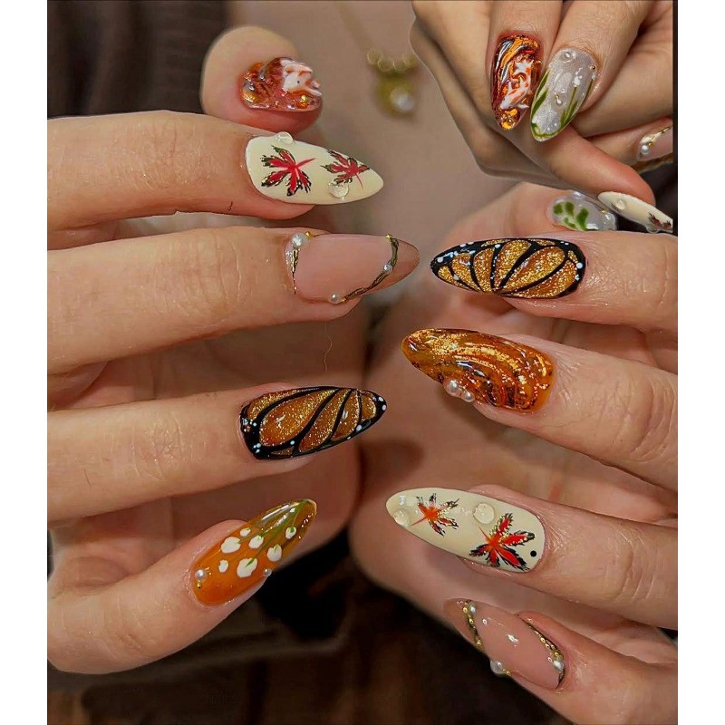 Custom Pure Handmade Nails Orange Koi Maple Leaf Gold Pearl Vintage Manicure