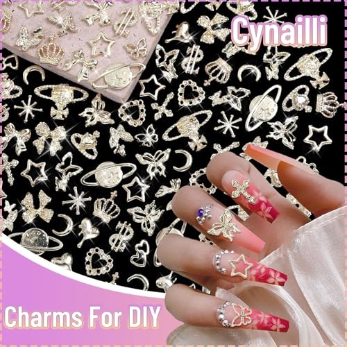 180 Pcs Gold Nail Charms and Gems, Bow Star Butterfly Cross Alloy Nail
