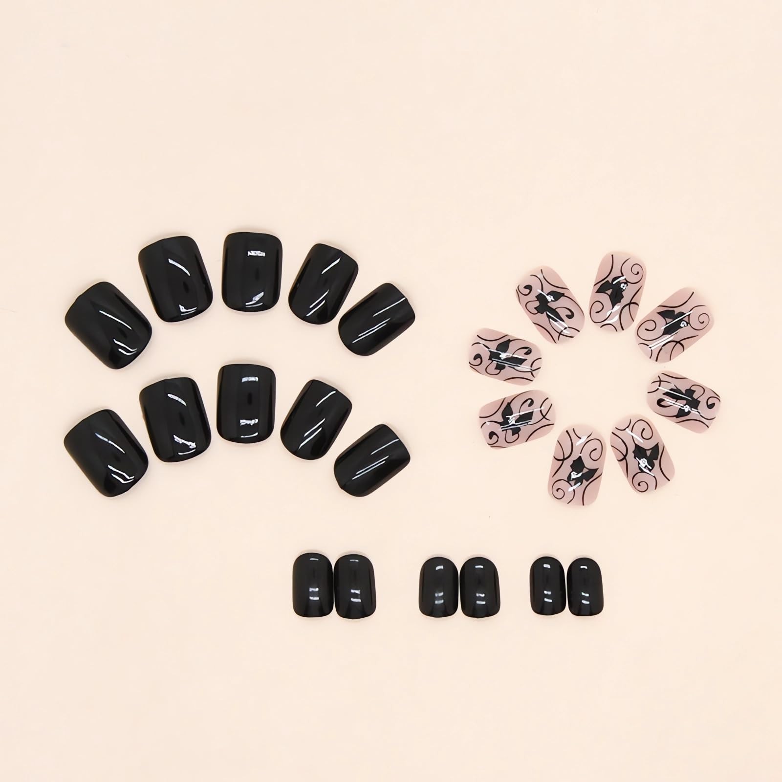Extra Short Press on Nails Square Black Fake Nails Glossy Acrylic Glue on Nai…