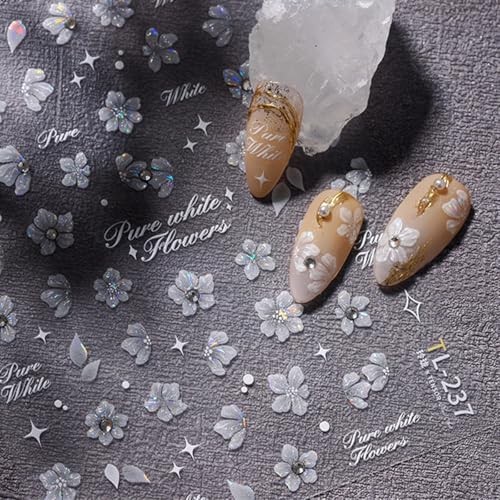 White Flower Nail Art Stickers Decals 5D Embossed Flower Nail Decals Style-6