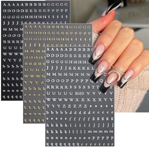Letter Nail Stickers for Nail Art 3D Holographic Gold Silver Nail Decals Self