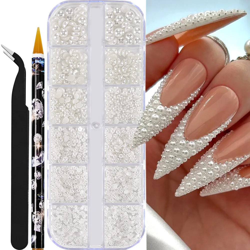 12grids Half Round Pearls Beads 3D Nail Charms 1.5/2/2.5/3/4/5mm White Flatback