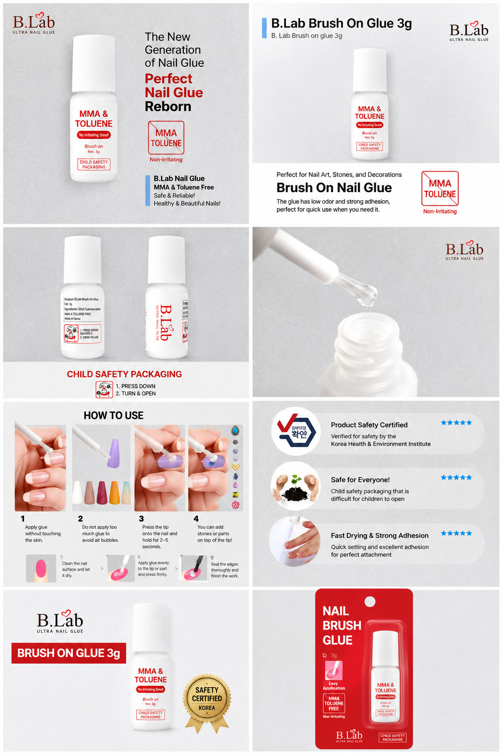 B.Lab Brush On Nail Glue Adhesive 3g 10g MMA Toluene Free Nail Tip Art K-Beauty