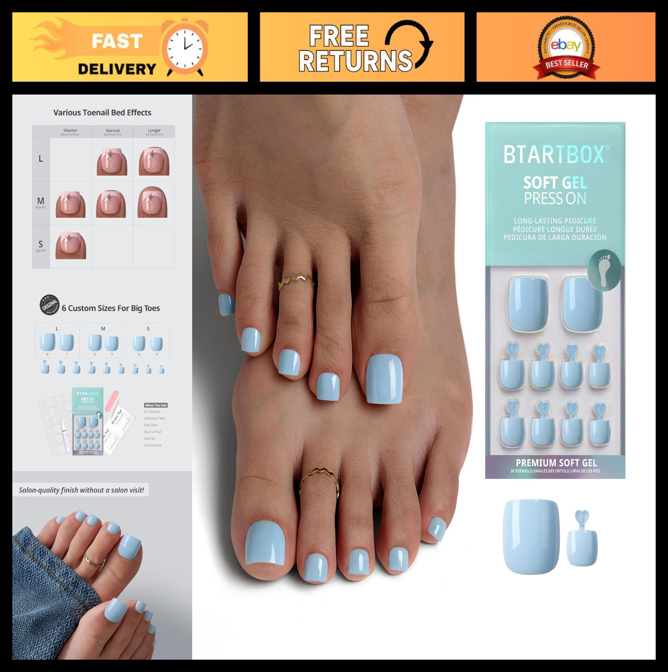 Light Blue Short Square Press-On Toenails – Easy Application, 30 Nails, 15 Sizes