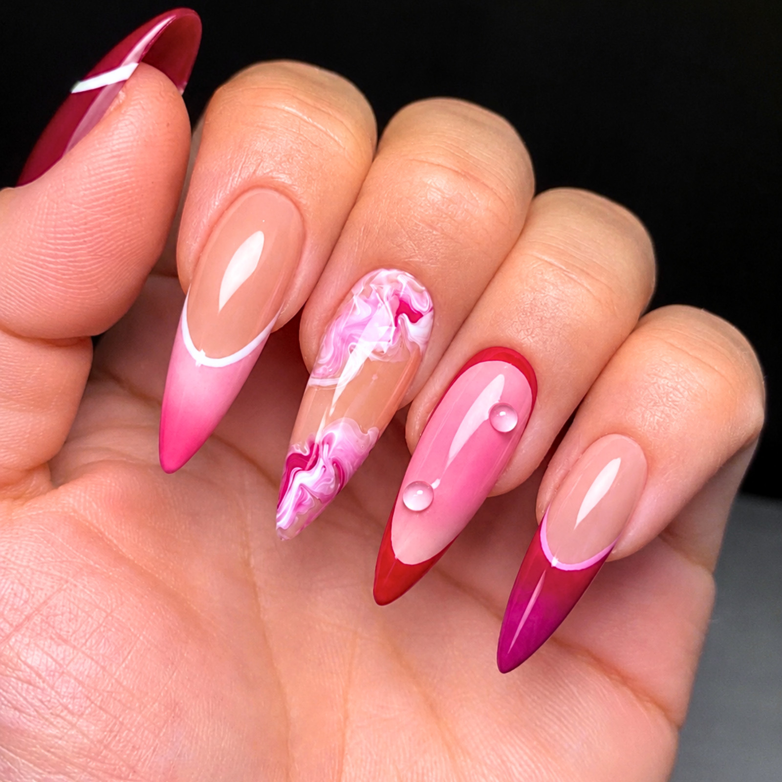 Handmade Pink Red Nude Swirl Press-On Nails Glossy Custom Nail Set