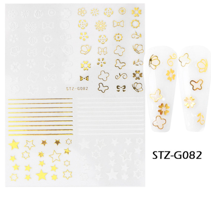 Nail Art Stickers Decals White Gold French Line Stars Flower Self-Adhesive NH23