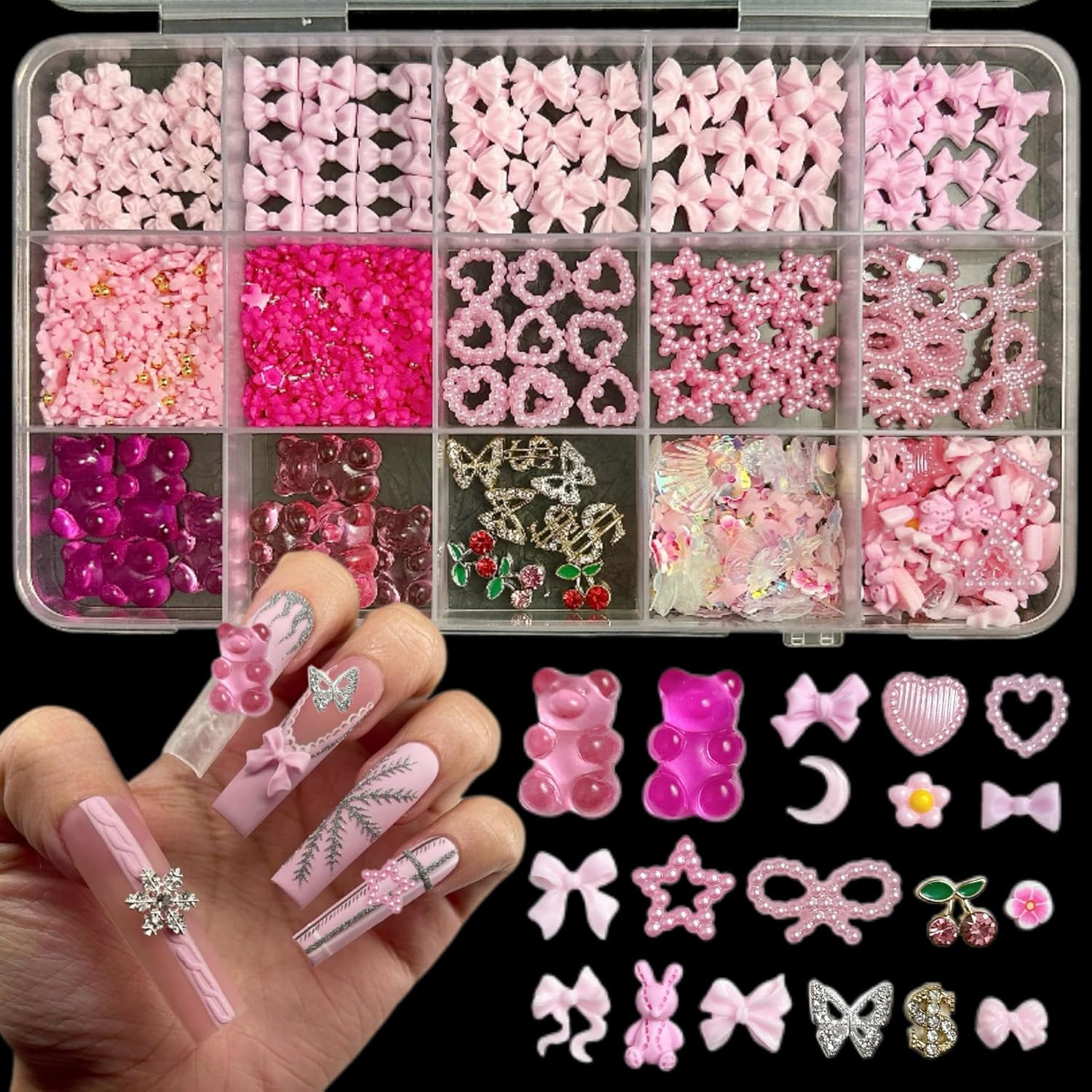 Gummy Candy Bear Valentines Nail Charms, Cute Pink Flower Bow 3D Nail Charms for