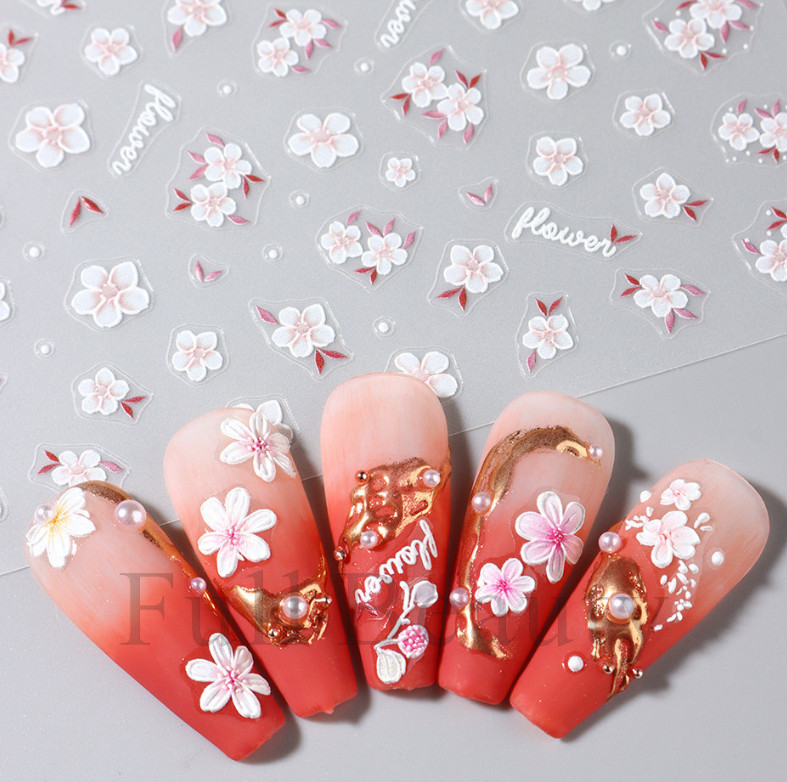 5D Embossed White Sakura Daisy Camellia Flowers Decal Nail Stickers Slider NS52