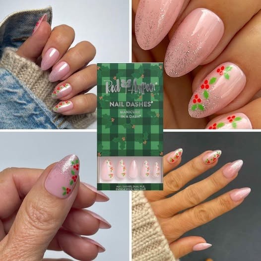 Red Aspen Press On Nails-Heidi in a Holly Daze -Medium Almond Design/Glitter