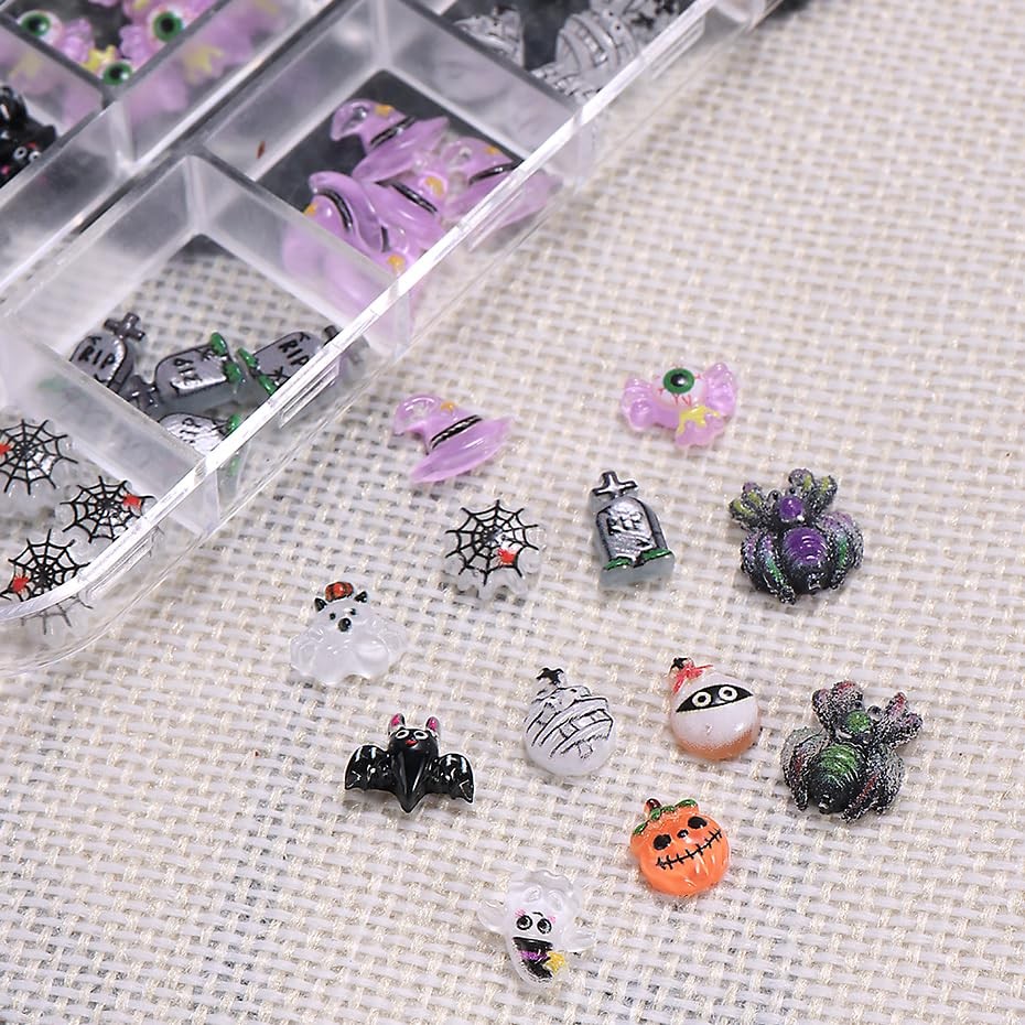 12 Grid Halloween Nail Charms Rhinestones Cute Spider Pumpkin Bat Resin Nail …