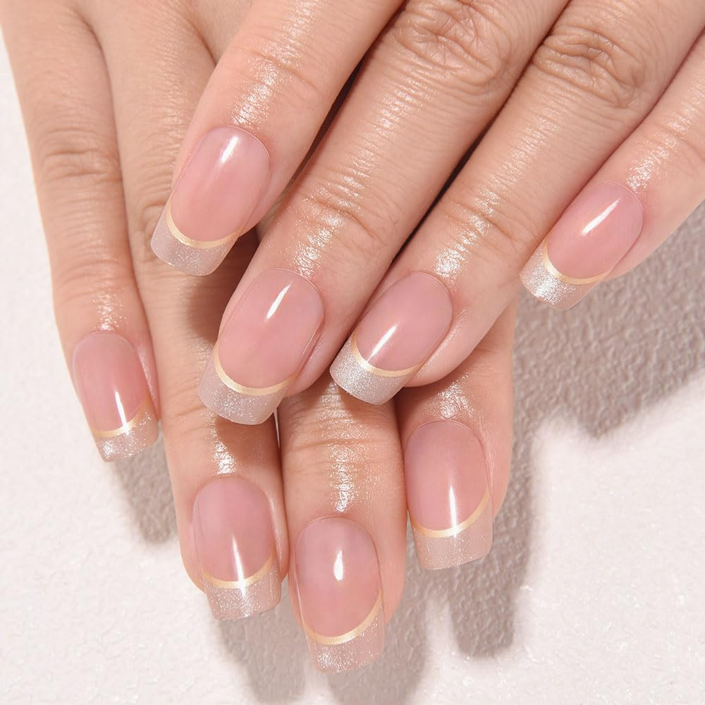 French Tip Medium Squoval (24 Count) Nude Pink + Gold Line & Cat Eye Tips