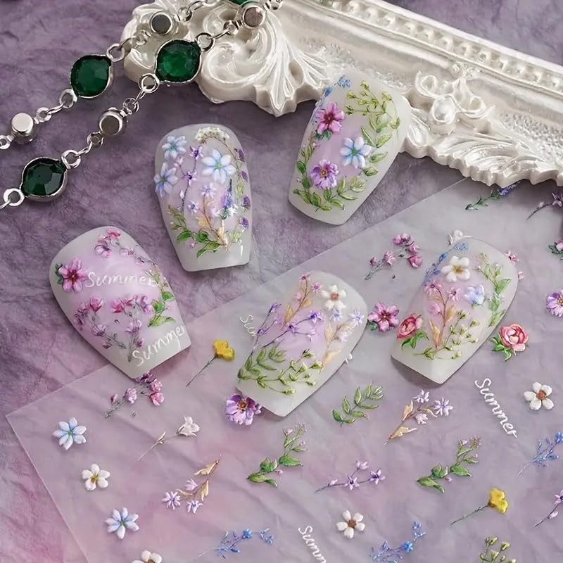 5D Flower Nail Stickers Summer Floral Leaf Plant Embossed Decals Self-Adhesive