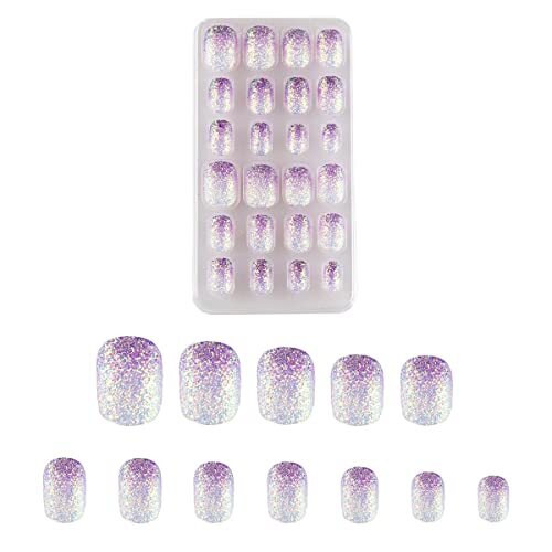 24 Pcs Gradient Kids Press on Nails Pre-glue Children False Nails Short Purple